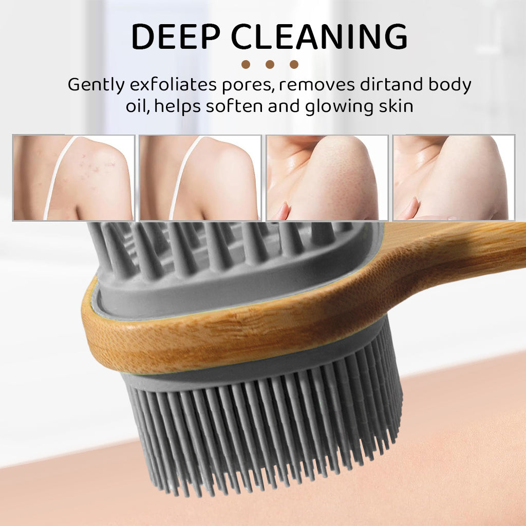MAYCREATE Bath Brush 12.8 Inches Double Sided Silicone Body Massager Brush Back Scrubber Brush Wooden Handle Body Exfoliation Bathing Brush MAYCREATE Bath Brush 12.8 Inches Double Sided Silicone Body Massager Brush Back Scrubber Brush Wooden Handle Body Exfoliation Bathing Brush